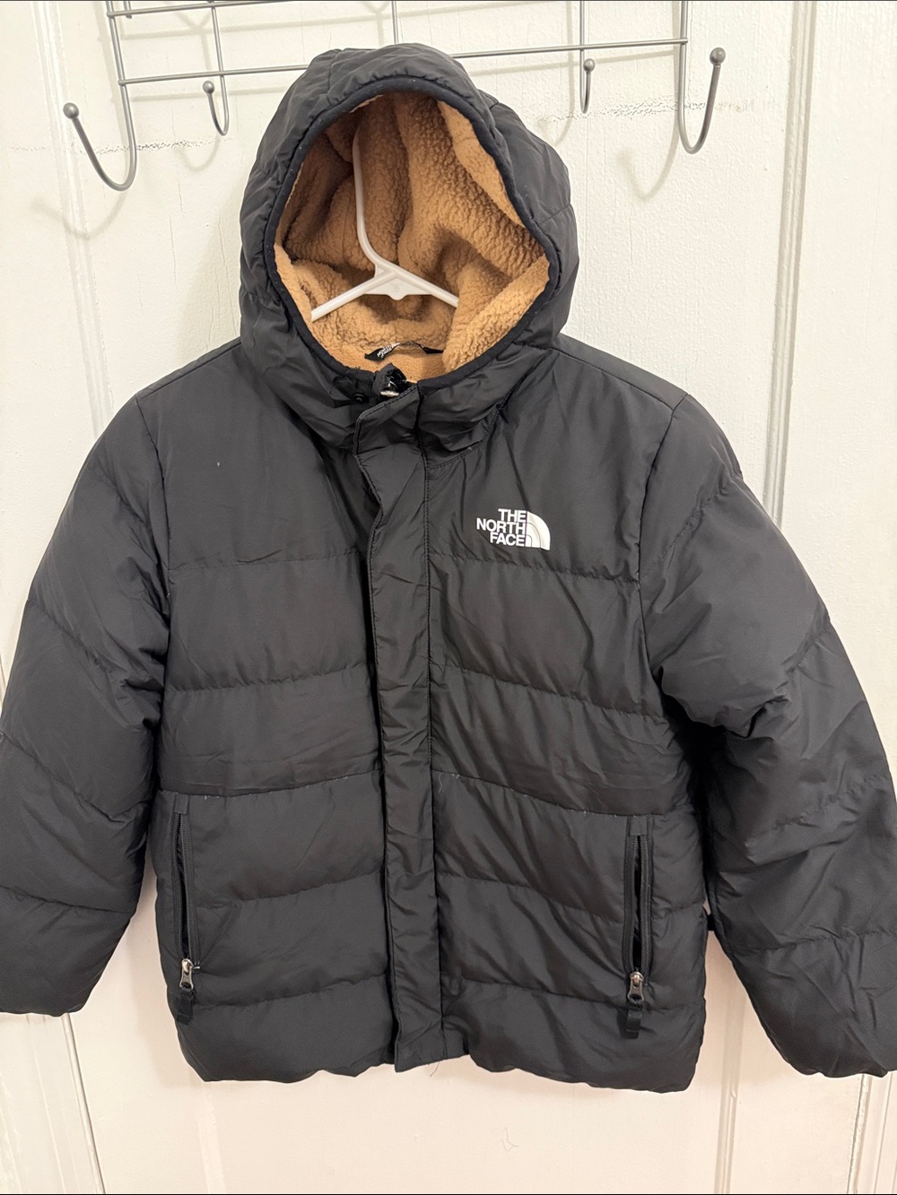 The North Face Kids Black Puffer Jacket with Tan Sherpa Hood Lining